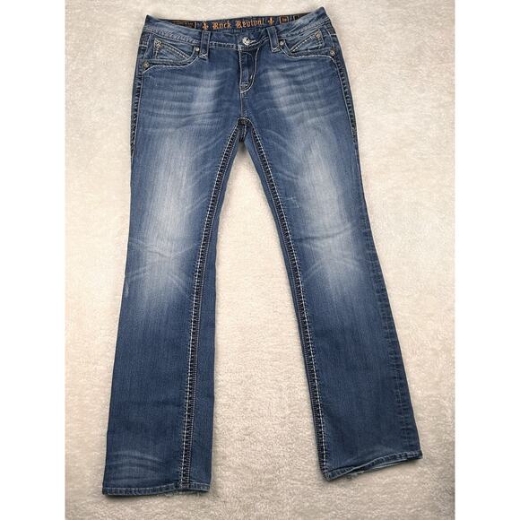 Rock Revival Leah Easy Boot Jeans Women Size 30 (32x33) Embroidered Distressed - Picture 2 of 11